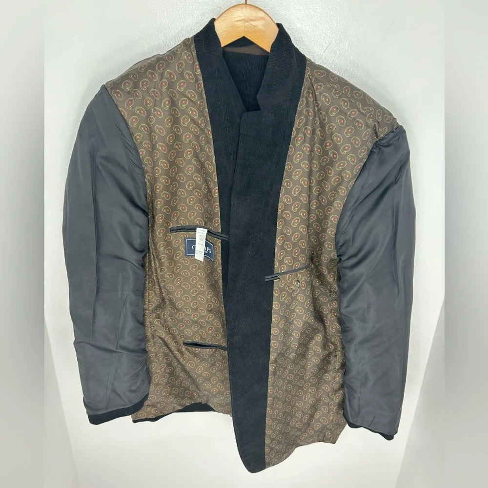 CHAPS Black Corduroy Blazer Size 44R Elbow‎ Patches Paisley Lined Sport Coat